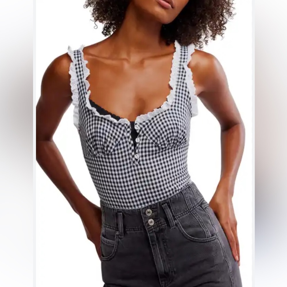 Free People Black and White Gingham Ruffle-Trim Bodysuit